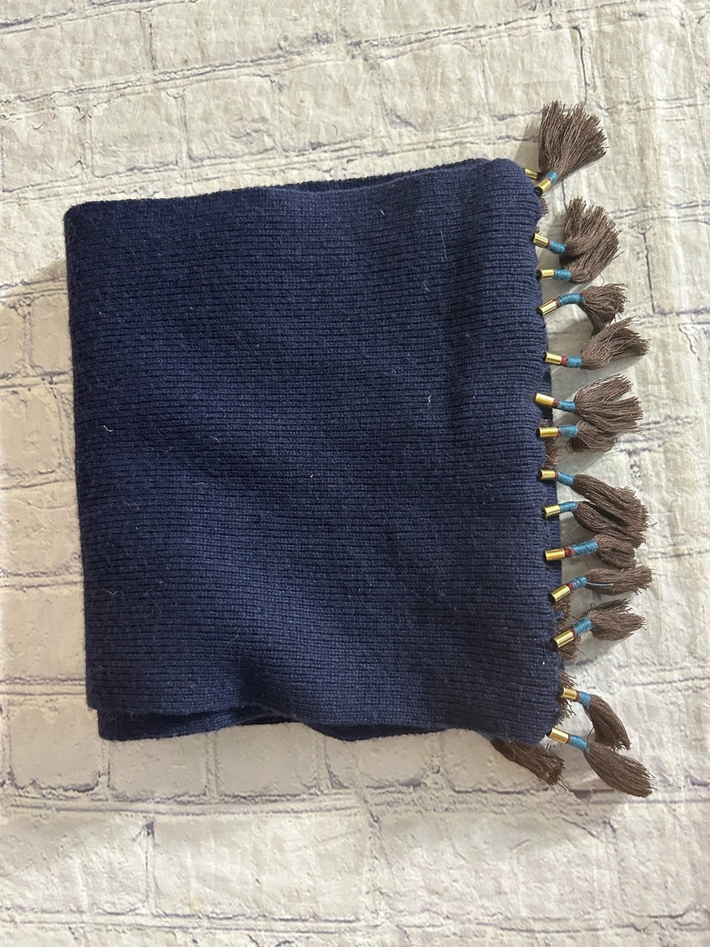 J.CREW NAVY SWEATER KNIT OBLONG SCARF WITH AZTEC FRINGE DETAILS